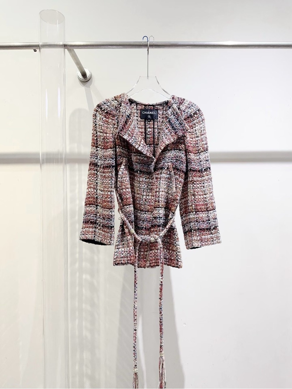 CHANEL Multicolor Pink-Blend Tweed Belted Jacket